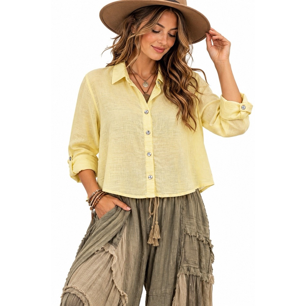 Cynthia Rowley Cropped 100% Linen Shirt XL Butter Yellow Button Up Coastal Boho